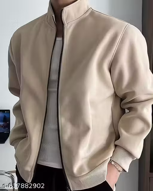 Men Solid Beige Full Zip High Neck Sweatshirt | Stylish Winterwear Jacket | Soft Fleece Warm Hoodie Alternative | Casual Slim Fit Zipper Sweatshirt for Men