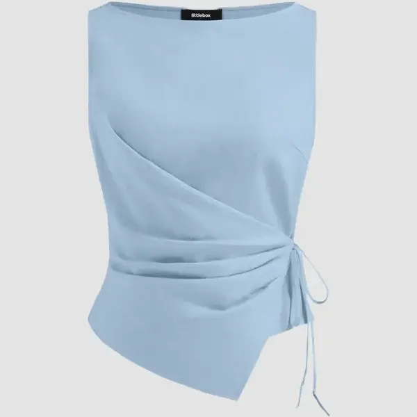 Light Blue Asymmetrical Ruched Side Tie Sleeveless Top